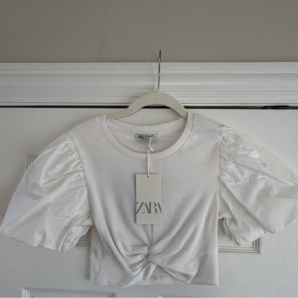 NWT Zara Cream Puff Sleeve Crop Top S - Picture 2 of 5